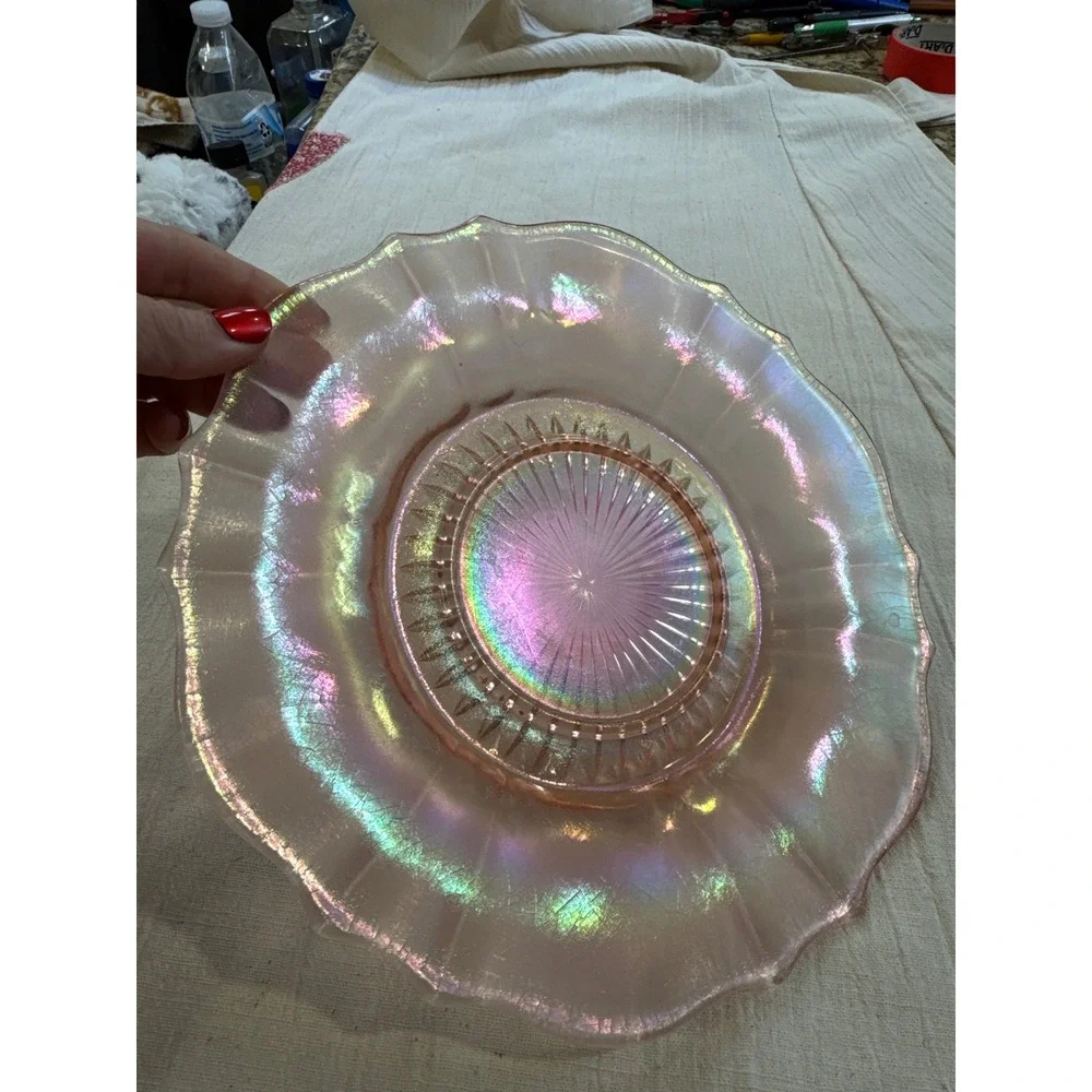 Jeanette Glass Iris and Herringbone Marigold Carnival Glass Plate Iridescent 9